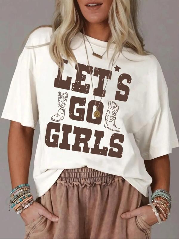 Women's Letter Print Round Neck Graphic Tee, Vintage Trendy Casual Drop Shoulder Half Sleeve T-shirt for Daily Wear, Ladies All Seasons Outfit