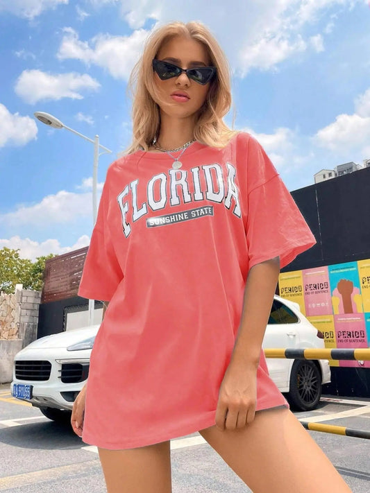 Women's Letter Print Round Neck Tee, Casual Half  Sleeve T-shirt for Summer, Fashion Women's Top for Daily Wear
