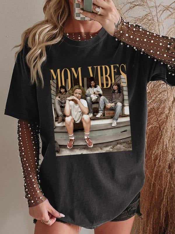 Women's Mom Vibes Round Neck Graphic Tee, Fashion Casual Short Sleeve T-shirt for Daily Wear, Ladies Summer Clothes, Top, Streetwear Tshirt