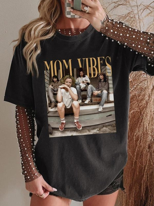 Women's Mom Vibes Round Neck Graphic Tee, Fashion Casual Short Sleeve T-shirt for Daily Wear, Ladies Summer Clothes, Top, Streetwear Tshirt