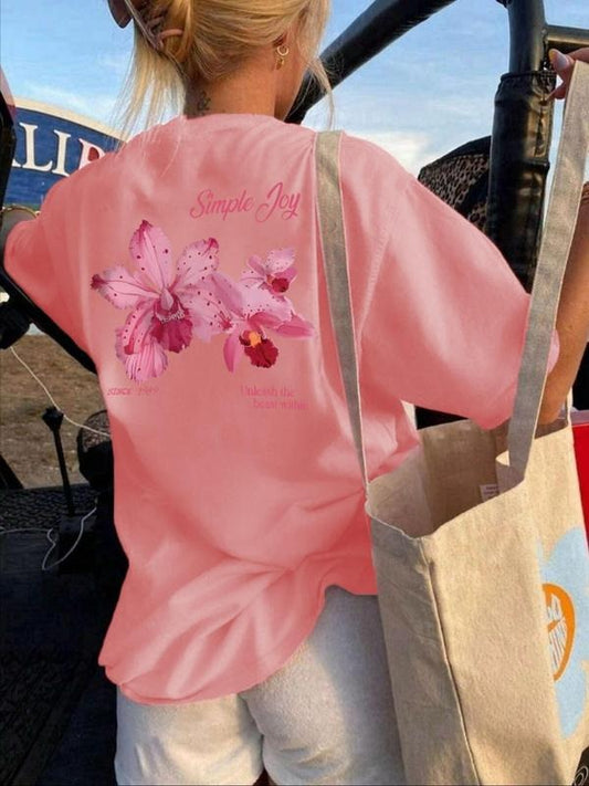 Women's Plain Round Neck Graphic Tee, Casual Figure & Floral Print Short Sleeve T-shirt for Summer, Ladies Clothes for Daily Wear, Top