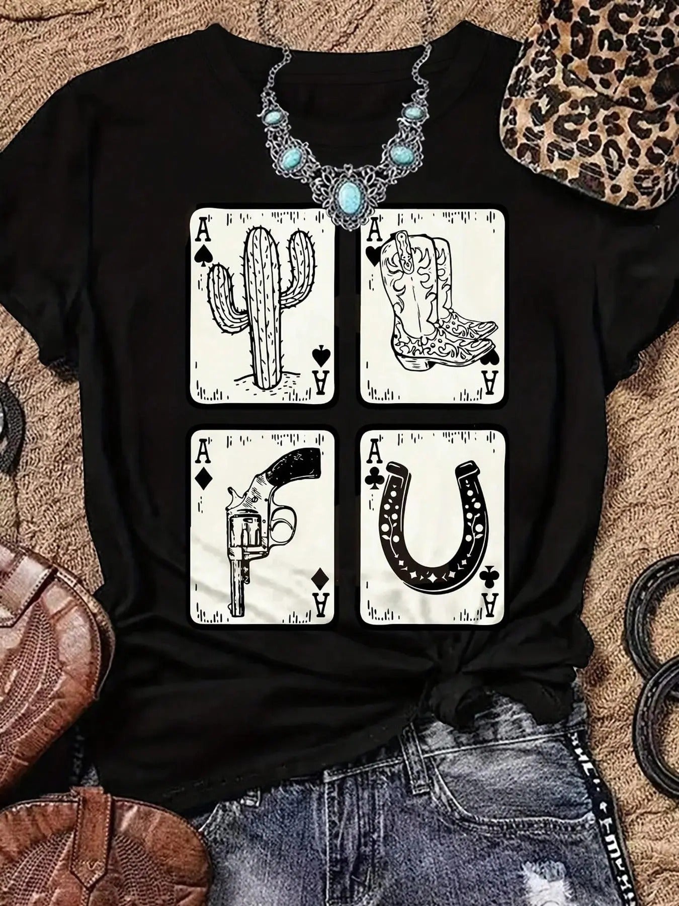 Women's Poker Print Round Neck Graphic Tee, Vintage Trendy Casual Short Sleeve T-shirt for Daily Wear, Ladies All Seasons Clothes