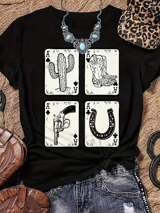 Women's Poker Print Round Neck Graphic Tee, Vintage Trendy Casual Short Sleeve T-shirt for Daily Wear, Ladies All Seasons Clothes