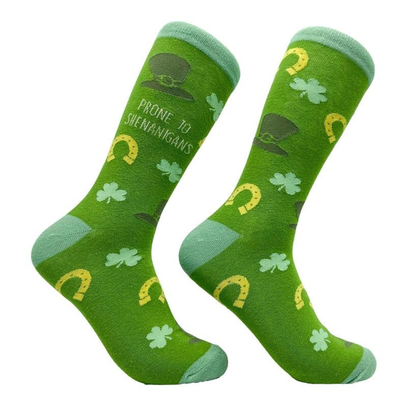 Women's Prone to Shenanigans Socks Funny St Paddys Day Parade Clover Footwear Funny Graphic Socks Comfortable Fitted Spandex Cotton