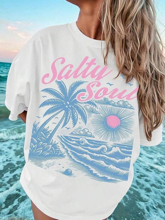 Women's Salty Soul Graphic Round Neck Tee, Vintage Trendy Casual Short Sleeve T-shirt for Daily Wear, Ladies Summer Outfit, Top