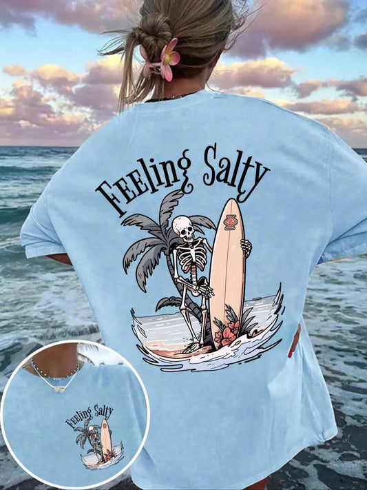 Women's Skeleton Print Round Neck Graphic Tee, Vintage Trendy Casual Drop Shoulder Half Sleeve T-shirt for Daily Wear, Ladies All Seasons Outfit
