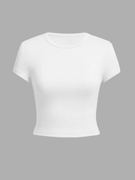 Women's Solid Color Crop Tee, Casual Short Sleeve Round Neck T-shirt for Summer, Ladies Clothes for Daily Wear, Top