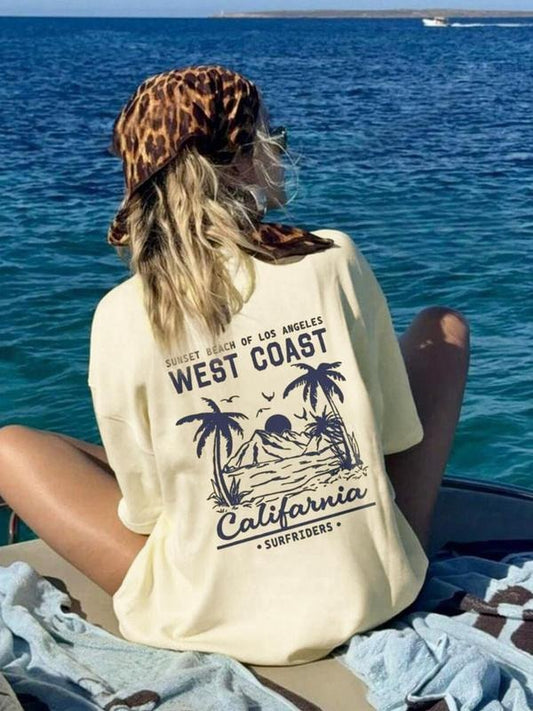 Women's West Coast California Graphic Print Round Neck Tee, Vintage Trendy Casual Short Sleeve T-shirt for Daily Wear, Ladies Summer Outfit, Top