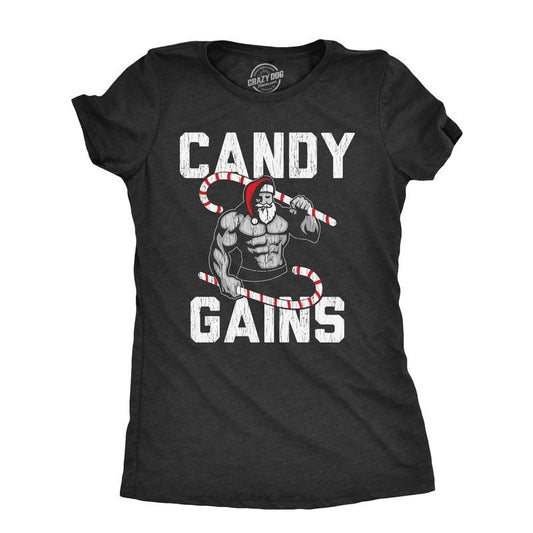 Womens Candy Gains T Shirt Funny Xmas Buff Ripped Santa Claus Workout Joke Tee For Ladies Funny Womens T Shirts Cute Slimming Top Comfortable Soft Womenswear Christmas Tops for Women Funny Fitness Top Black -