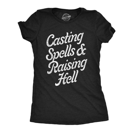 Womens Casting Spells And Raising Hell T Shirt Funny Spooky Halloween Witch Tee For Ladies Funny Womens T Shirts Cute Slimming Top Comfortable Soft Womenswear Halloween Tops for Women Women's Novelty Black -
