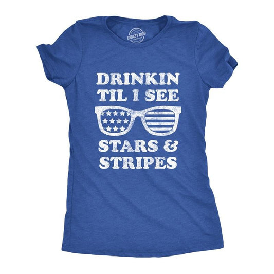 Womens Drinkin Til I See Stars And Stripes T Shirt Funny 4th Of July Sunglasses Graphic Tee Funny Womens T Shirts Cute Slimming Top Comfortable Soft Womenswear Patriotic Tops for Women Funny Drinking Royal