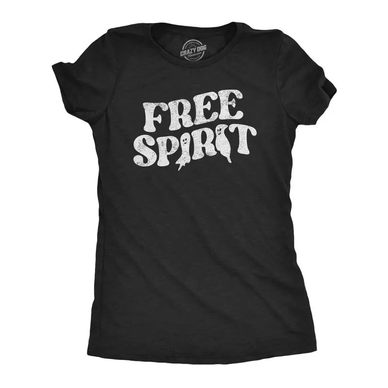 Womens Free Spirit T Shirt Funny Halloween Party Ghost Graphic Novelty Tee For Ladies Funny Womens T Shirts Cute Slimming Top Comfortable Soft Womenswear Halloween Tops for Women Funny Sarcastic Top Black