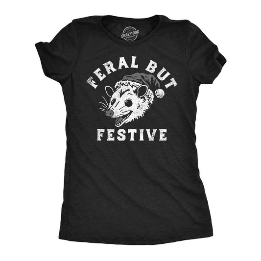 Womens Funny T Shirts Feral But Festive Sarcastic Christmas Possum Graphic Tee For Ladies Funny Womens T Shirts Cute Slimming Top Comfortable Soft Womenswear Christmas Tops for Women Funny Sarcastic Black -
