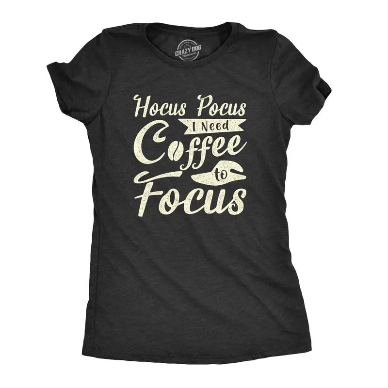 Womens Hocus Pocus I Need Coffee To Focus T Shirt Funny Halloween Witch Tee Funny Womens T Shirts Cute Slimming Top Comfortable Soft Womenswear Halloween Tops for Women Funny Coffee Top Women's Black
