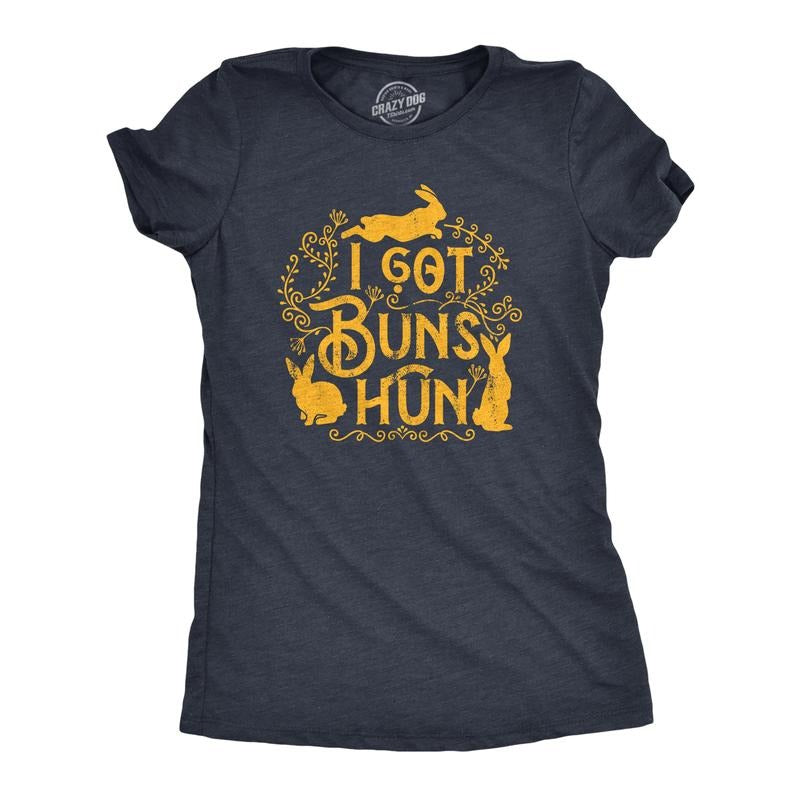 Womens I Got Buns Hun T Shirt Funny Easter Sunday Bunny Rabbit Joke Tee for Ladies Funny Womens T Shirts Cute Slimming Top Comfortable Soft Womenswear Easter Tops for Women Funny Animal Top Women's Navy -