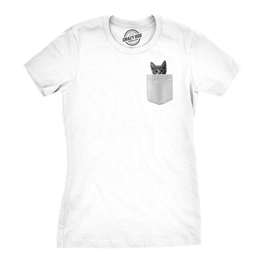 Womens Pocket Cat Funny Printed Peeking Kitten T shirt for Ladies Funny Womens T Shirts Cute Slimming Top Comfortable Soft Womenswear White