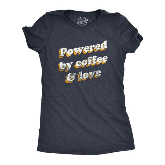 Womens Powered By Coffee and Love T Shirt Funny Retro Graphic Fun Novelty Tee for Guys Funny Womens T Shirts Cute Slimming Top Comfortable Soft Womenswear Vintage Tops for Women Funny Coffee Top Navy