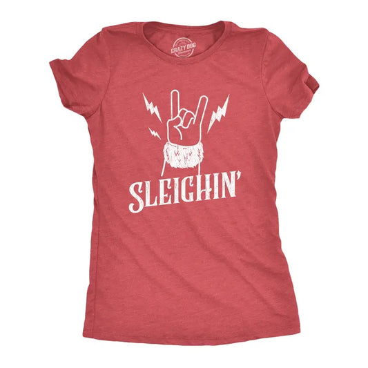 Womens Sleighin T Shirt Funny Santa Claus Christmas Rock and Roll Metal Fingers Graphic Tee Funny Womens T Shirts Cute Slimming Top Red