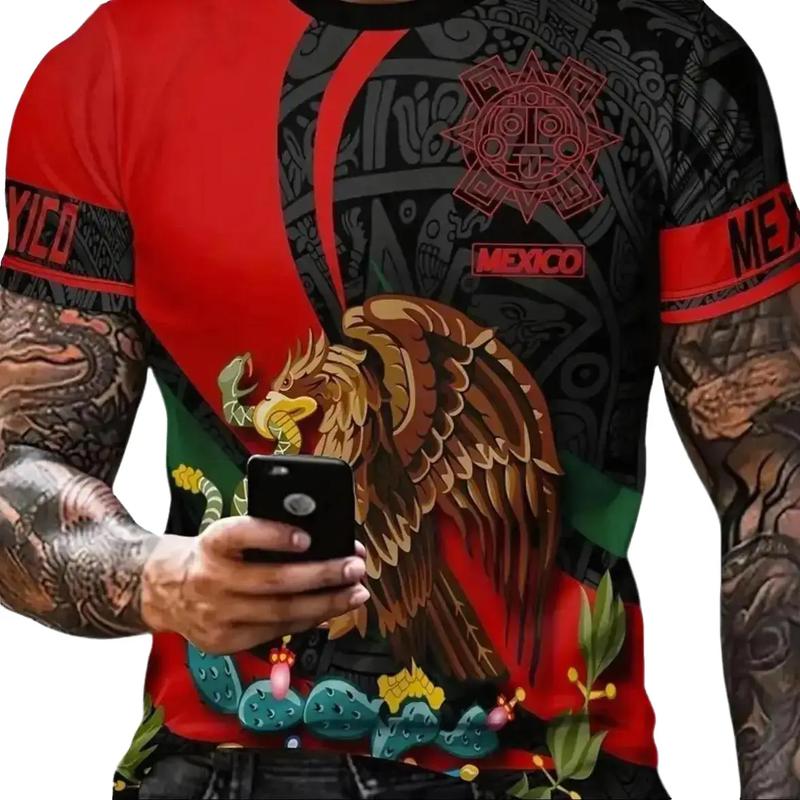 Mexican Theme Various 3D Digital Pattern Print Men's Graphic T-shirt,Causal Comfy Tees,Short Sleeve Pullover Tops, Men's Summer Animal Shortsleeve Menswear Casual Crewneck Streetwear Collar Day Fabric Fitted Jeans Knit RED