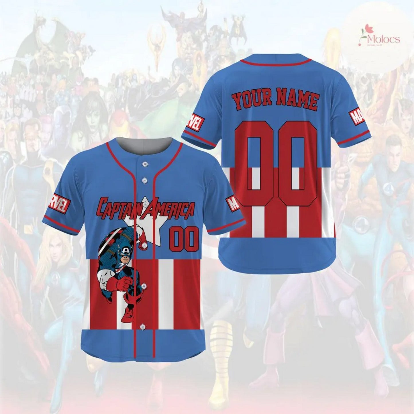Custom Name And Number Disney Marvel Avengers Captain American Blue Baseball Jersey