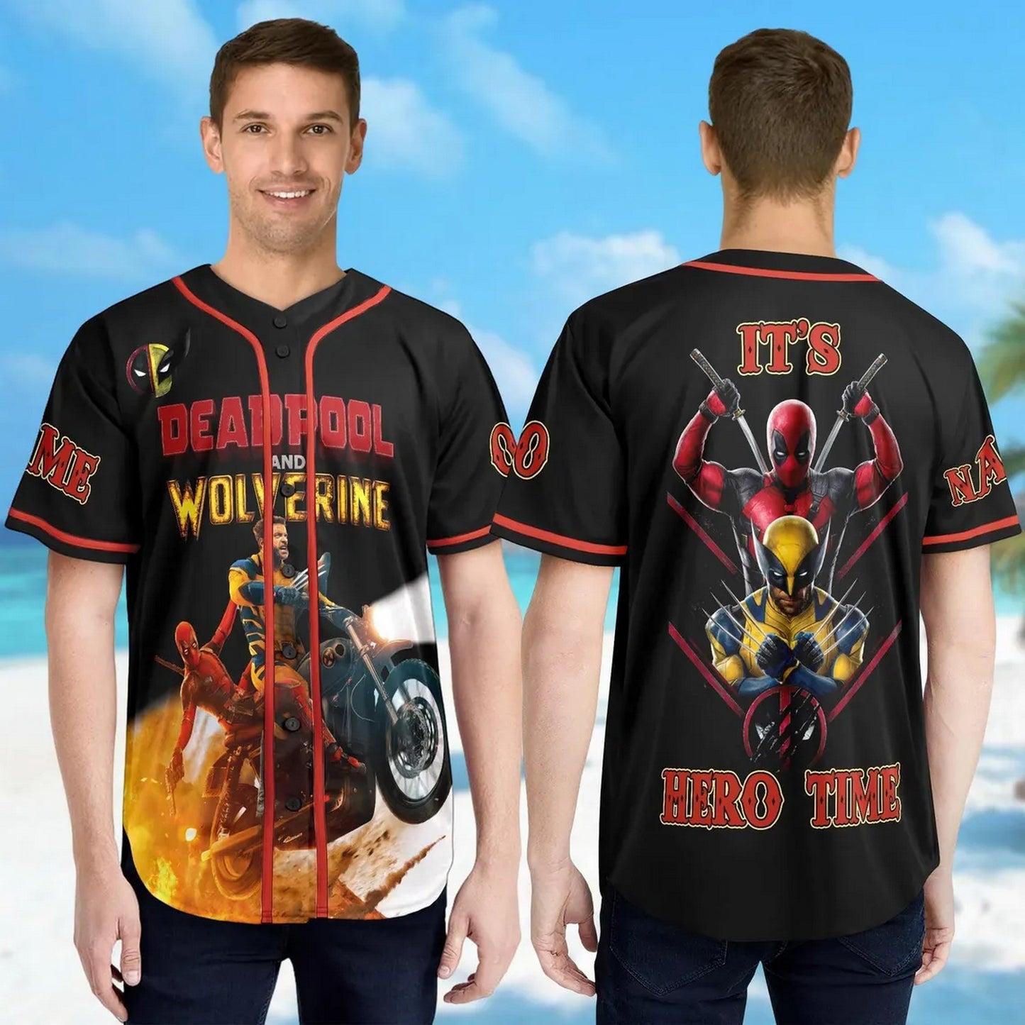 Custom Name And Number Funny Deadpool And Wolverine It's Hero Time Baseball Jersey