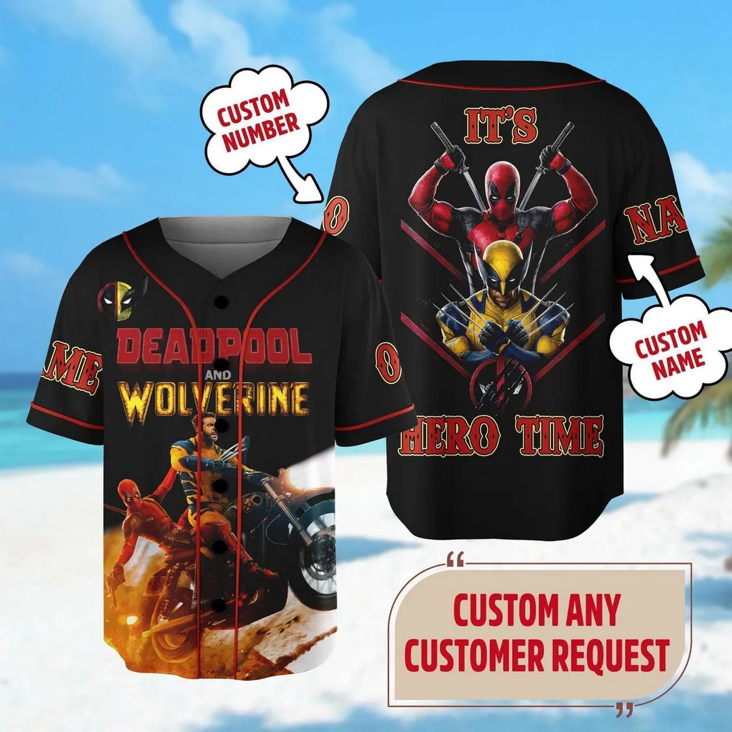 Custom Name And Number Funny Deadpool And Wolverine It's Hero Time Baseball Jersey