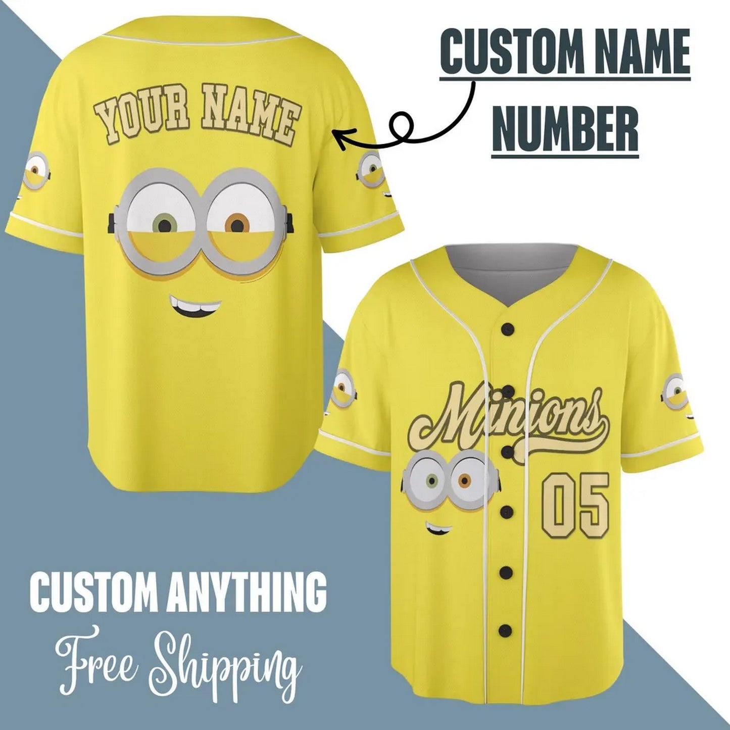 Custom Name And Number Funny Minion Big Eyes Yellow Baseball Jersey