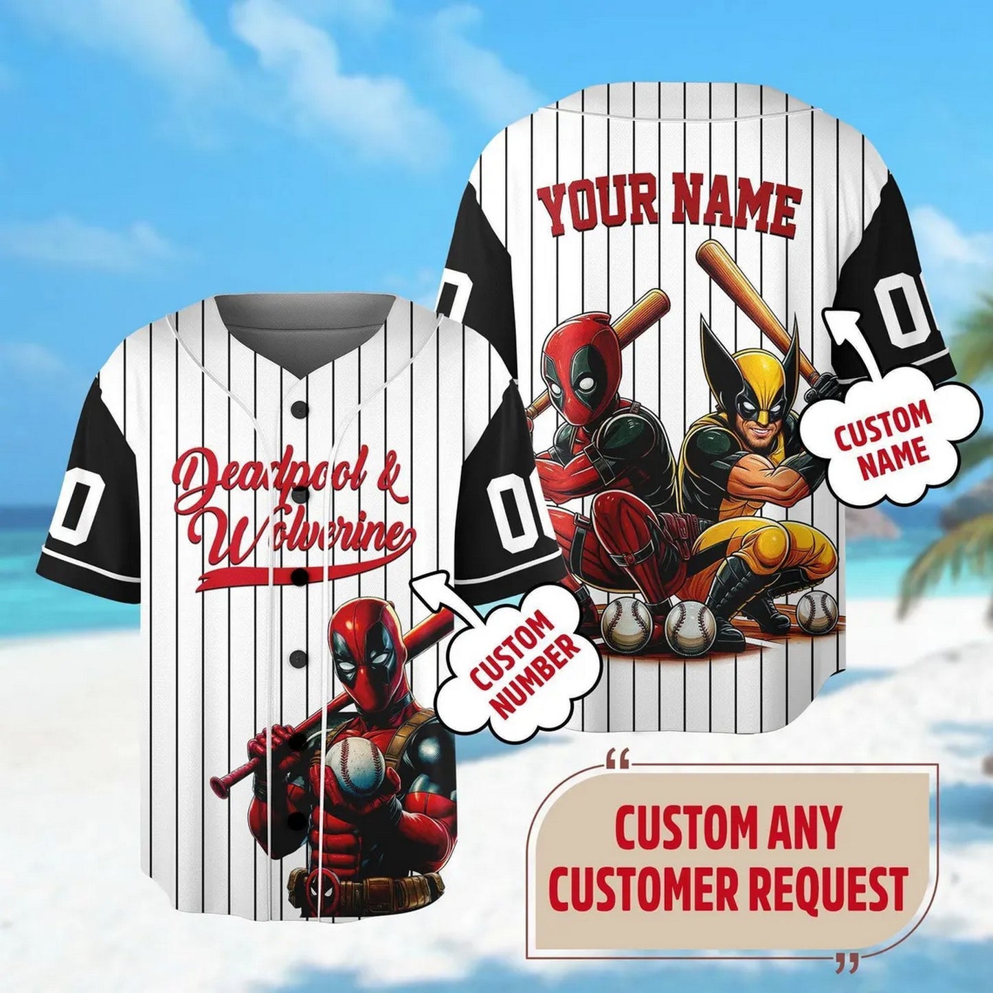 Custom Name And Number Funny Sporty Deadpool And Wolverine Stiped White Black Baseball Jersey