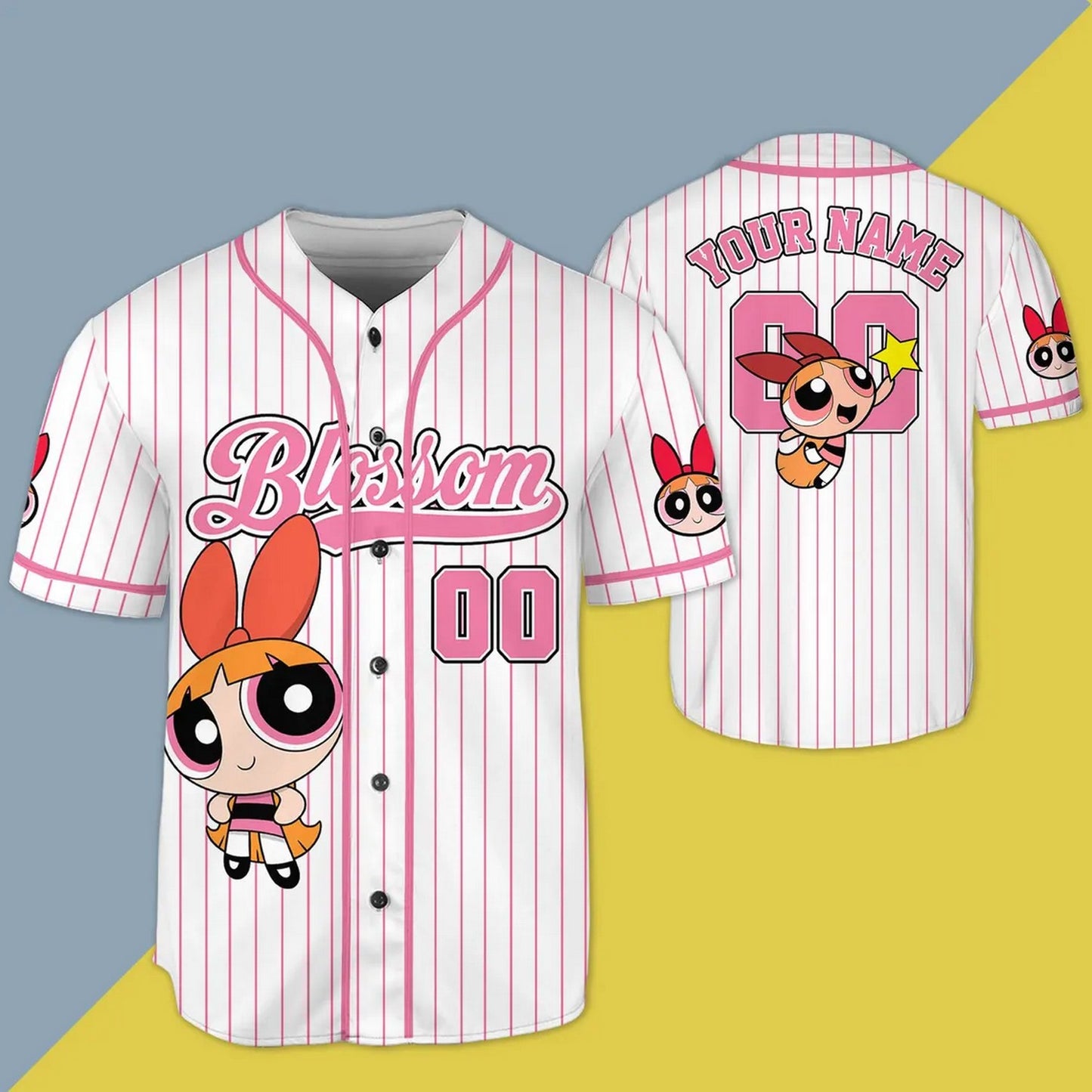 Custom Name Blossom Funny Powerpuff Girls 90s Pink White Baseball Jersey