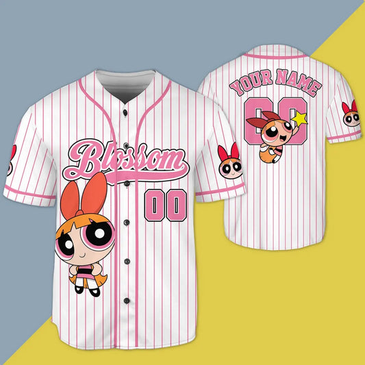 Custom Name Blossom Funny Powerpuff Girls 90s Pink White Baseball Jersey