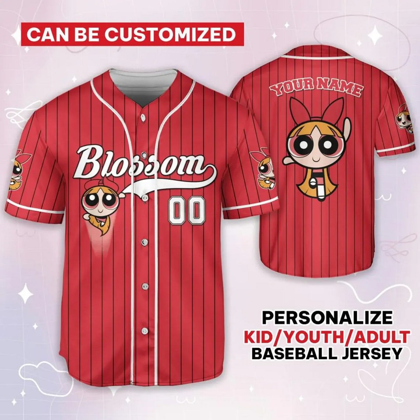 Custom Name Blossom Funny Powerpuff Girls 90s Red Baseball Jersey