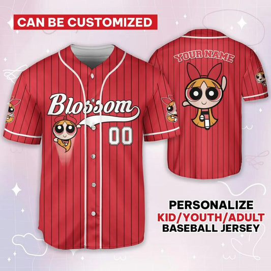 Custom Name Blossom Funny Powerpuff Girls 90s Red Baseball Jersey