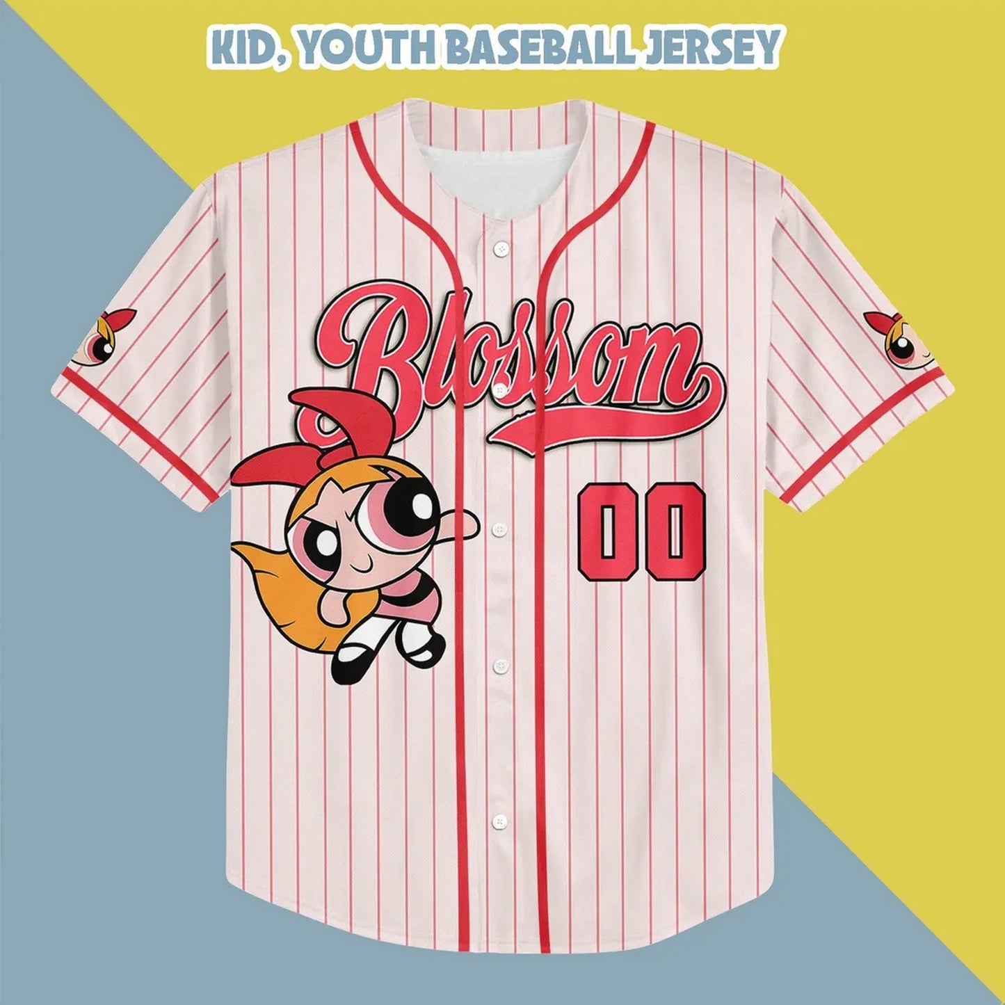 Custom Name Blossom Funny Powerpuff Girls 90s Red White Baseball Jersey