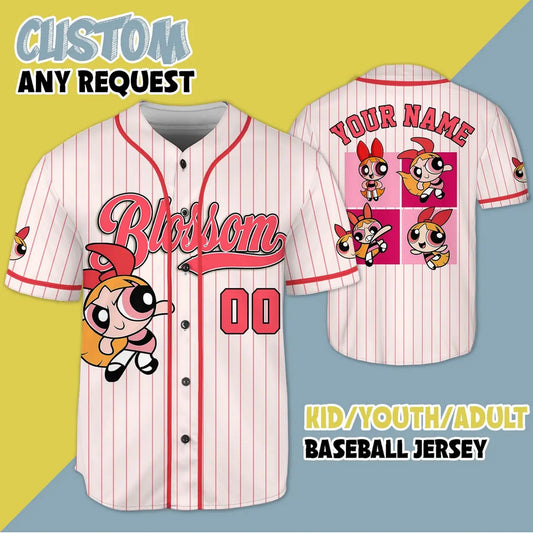 Custom Name Blossom Funny Powerpuff Girls 90s Red White Baseball Jersey