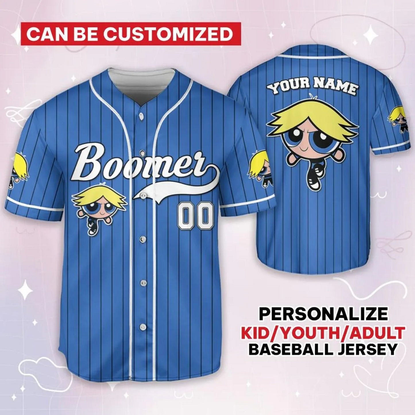 Custom Name Boomer Funny Powerpuff Girls 90s Blue Baseball Jersey