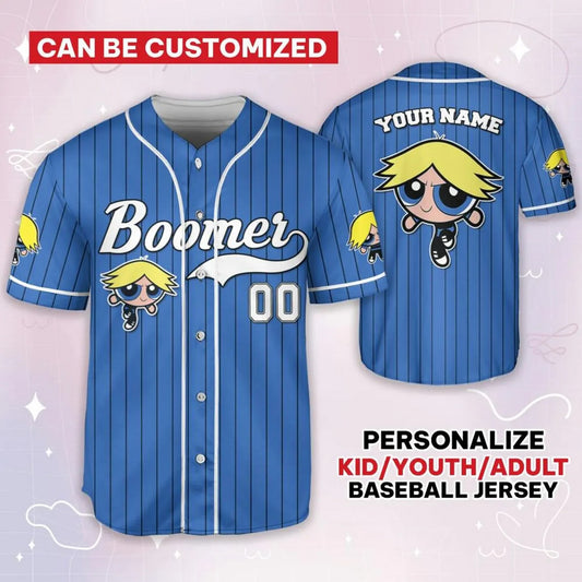 Custom Name Boomer Funny Powerpuff Girls 90s Blue Baseball Jersey