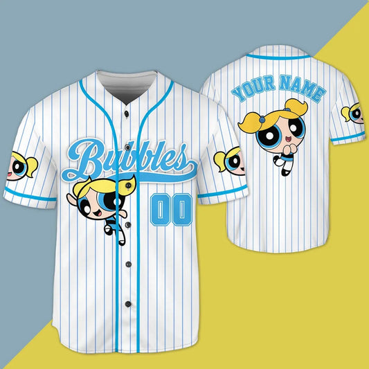 Custom Name Bubbles Funny Powerpuff Girls 90s Blue White Baseball Jersey