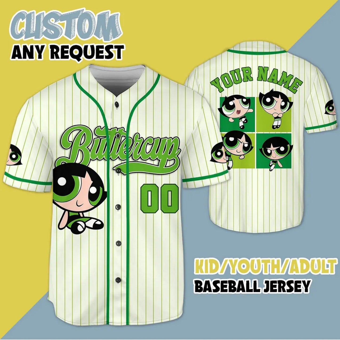 Custom Name Buttercup Funny Powerpuff Girls 90s Green White Baseball Jersey