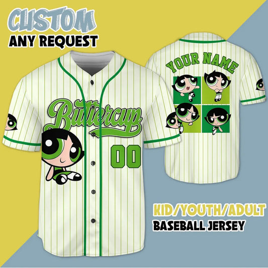 Custom Name Buttercup Funny Powerpuff Girls 90s Green White Baseball Jersey