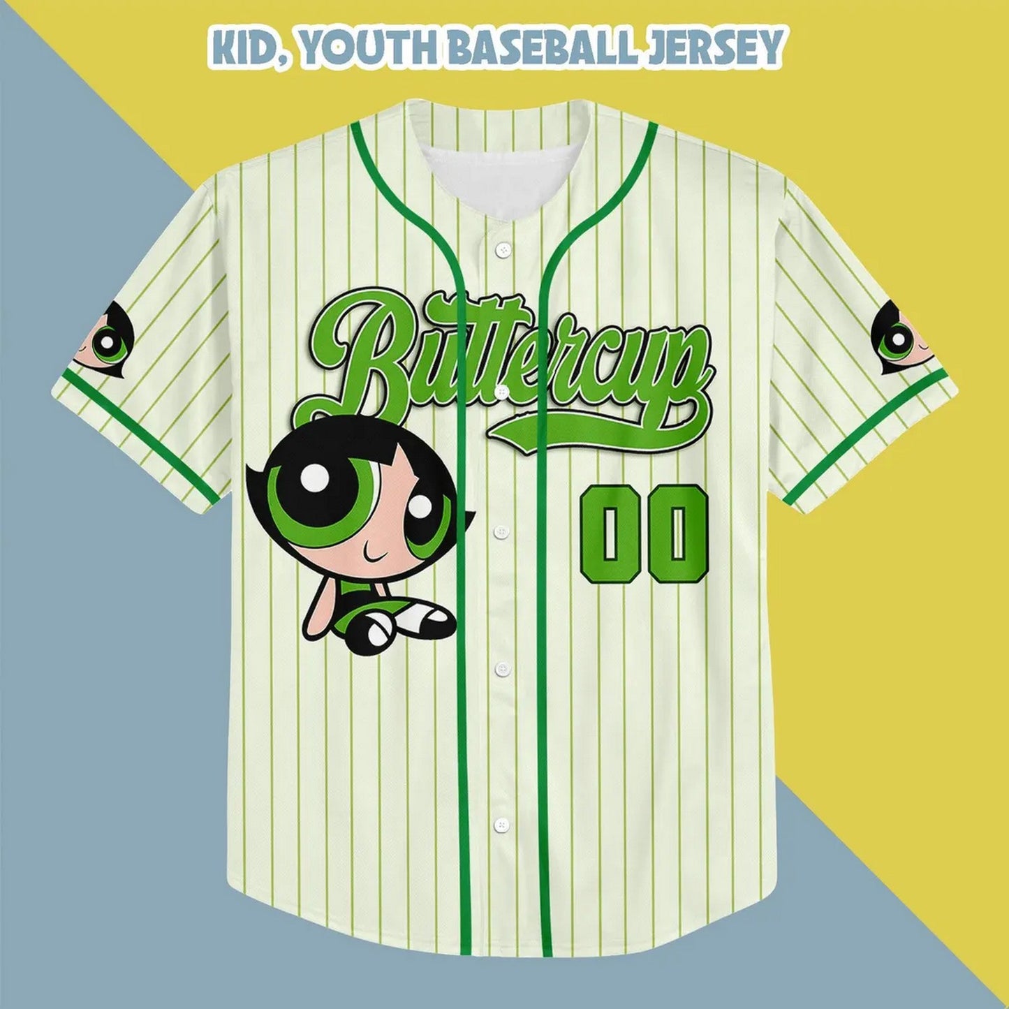 Custom Name Buttercup Funny Powerpuff Girls 90s Green White Baseball Jersey