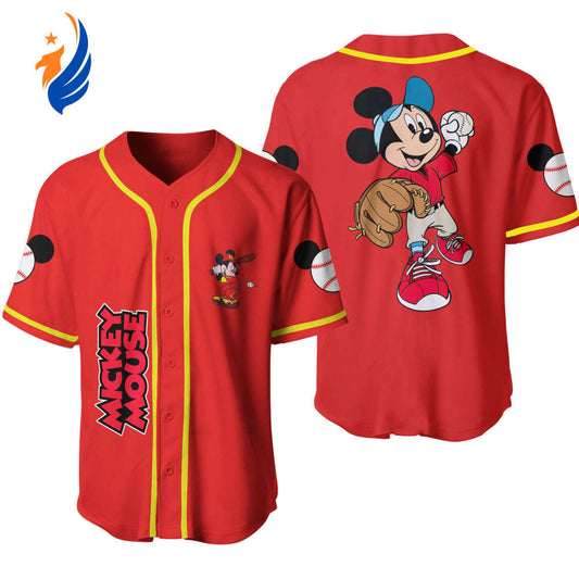Disney Mickey Mouse Pitcher Red Jersey Shirt - Engaging Baseball Graphic - Official Disney Baseball Jersey - Bafud