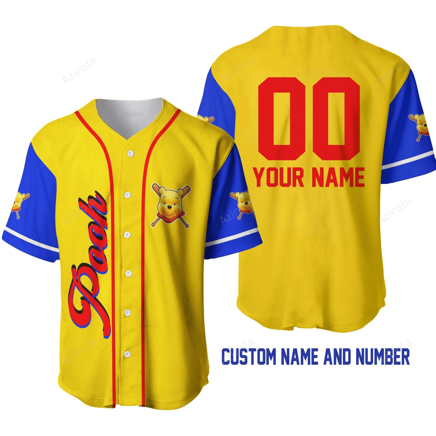 Winnie Pooh Yellow Red Blue Disney Unisex Cartoon Graphic Casual Outfits Custom Personalized Baseball Jersey