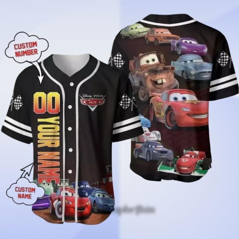 Personalized Lightning Mcqueen Baseball Jersey, Pixar Disney Car Jersey Shirt, Cars Cartoon Gift, Funny Gift for Kids & Adults