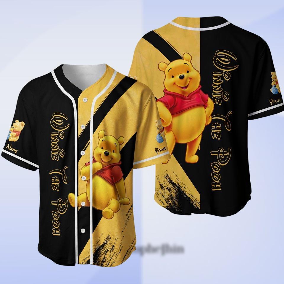 Winnie the Pooh Yellow Black Baseball Jersey, Custom Cartoon Jersey for Men Women, Classic Pooh Shirt Gift, Vintage Retro Pooh Shirt