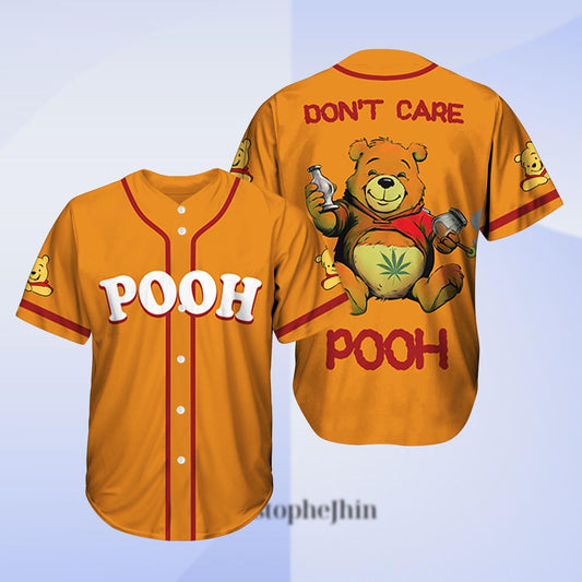 Funny Pooh Don't Care Baseball Jersey Shirt, Weed Leaf Drunk Bear Jersey, Beer Drinking Shirt Gift for Him or Her, Pooh Baseball Kids