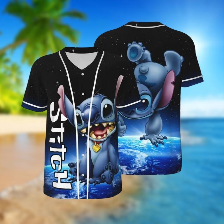 Stitch in Space Baseball Jersey, Funny Baseball Shirt, Cartoon Space Theme Jersey for Him, Gift for Stitch Fans, Disney Jersey Shirt
