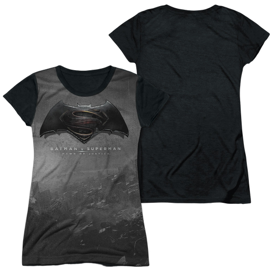 Batman v Superman Logo City - Juniors Black Back T-Shirt