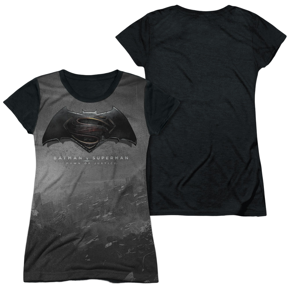 Batman v Superman Logo City - Juniors Black Back T-Shirt Style001