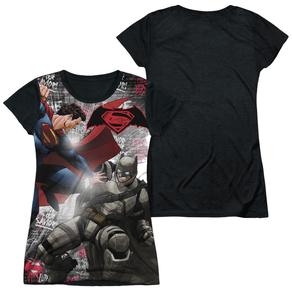 Batman v Superman Showdown - Juniors Black Back T-Shirt Style001