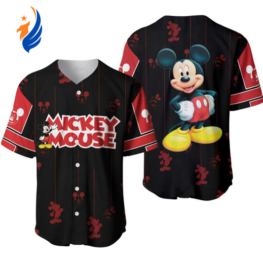 Disney Mickey Mouse Friend Graphic Black Red Jersey Shirt - Mickey Baseball Jersey for Disney Fans! - Bafud